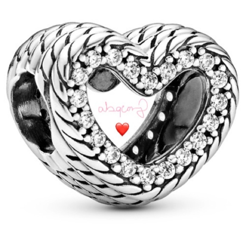 EUC Pandora 799100C01 Sterling Silver Snake Chain Pattern Open Heart Charm w/ CZ